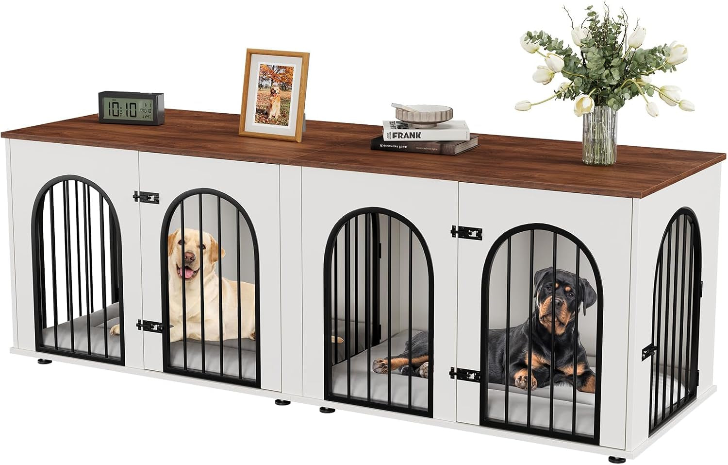 Dog Crate Furniture for 2 Dogs, 71" Dog Kennel Indoor with Cushions, XXL Wooden Dog Crates TV Stand with Removable Divider, Large Double Dog Crate End Table
