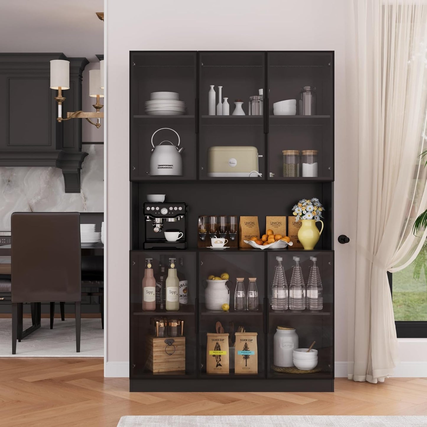 78.7" H Display Cabinet with 6 Glass Doors and Lights, Storage Cabinets Modern Bookcase with Hutch for Collectible, Display Case Trophy Case, Black