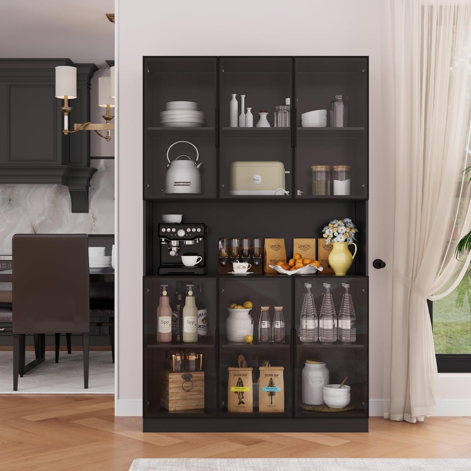 78.7" H Display Cabinet with 6 Glass Doors and Lights, Storage Cabinets Modern Bookcase with Hutch for Collectible, Display Case Trophy Case, Black