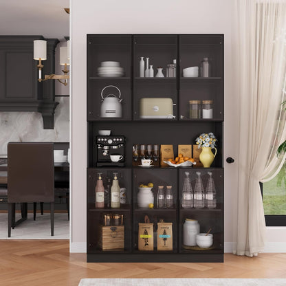 78.7" H Display Cabinet with 6 Glass Doors and Lights, Storage Cabinets Modern Bookcase with Hutch for Collectible, Display Case Trophy Case, Black
