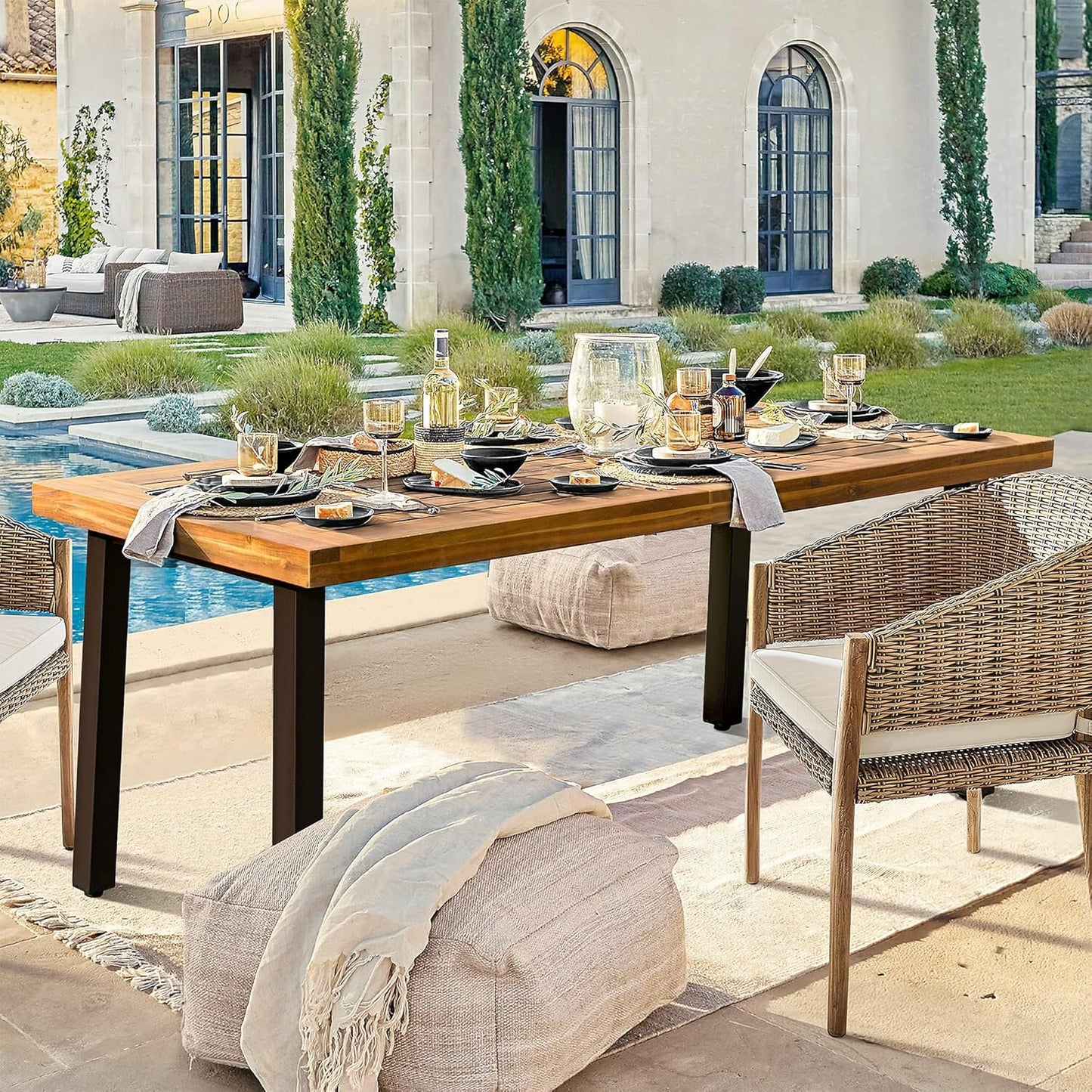 Home Acacia Wood Dining Table 6-Person Indoor Outdoor Table with Iron Legs, Sandblast Finish, Natural Stained, Rustic Metal, 69 * 33 * 30 Inch (Natural)