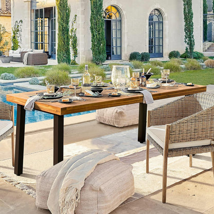 Home Acacia Wood Dining Table 6-Person Indoor Outdoor Table with Iron Legs, Sandblast Finish, Natural Stained, Rustic Metal, 69 * 33 * 30 Inch (Natural)
