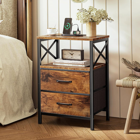 Nightstands Set of 2, Night Stand with Charger Station, 2 Drawer Side Table with Open Shelf, USB-C Port, End Table for Small Spaces, X Shaped Side Rail, Rustic Brown