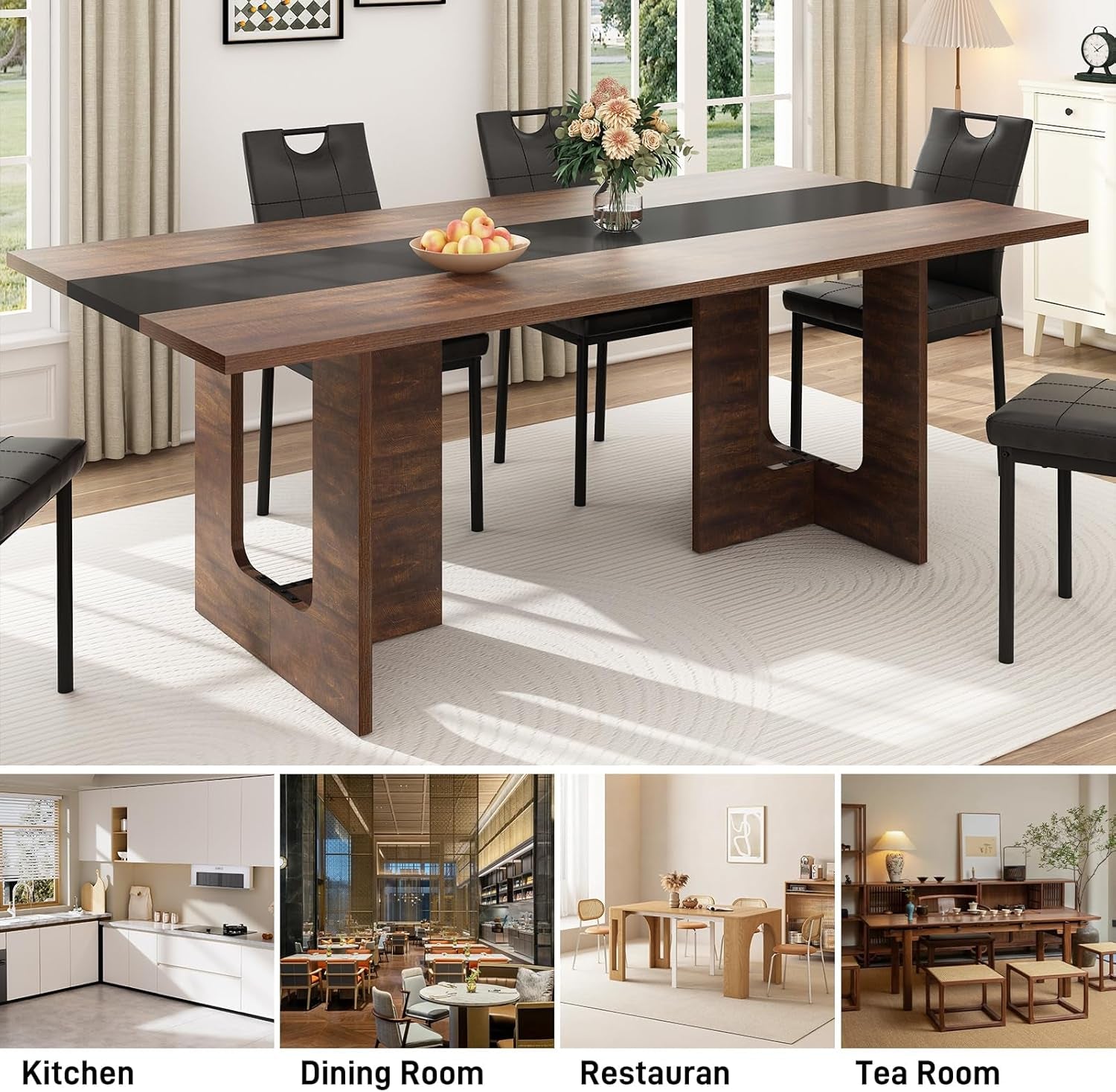 71 Inch Rectangular Dining Table for 6-8 People, Farmhouse Wood Kitchen Table with Wooden Legs, Farmhouse Center Kitchen Table for Dining Room, Kitchen & Living Room, Brown