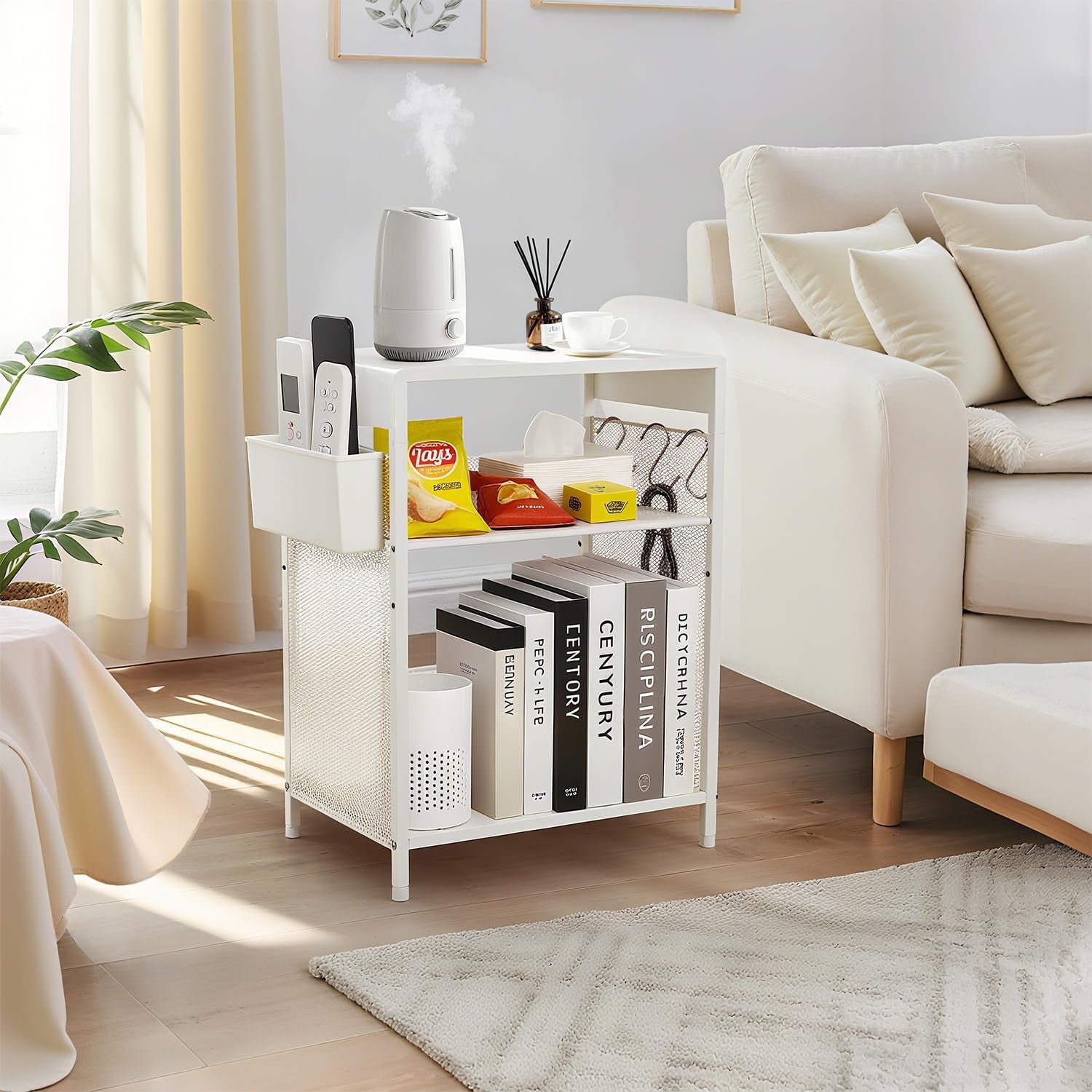 Nightstand, End Table with Hooks and Holder, Kids Nightstand for Bedroom, Toddler Bedside Table, Small Pink Desk for Girls, Coffee Table for Living Room, Dorm, Office (White)