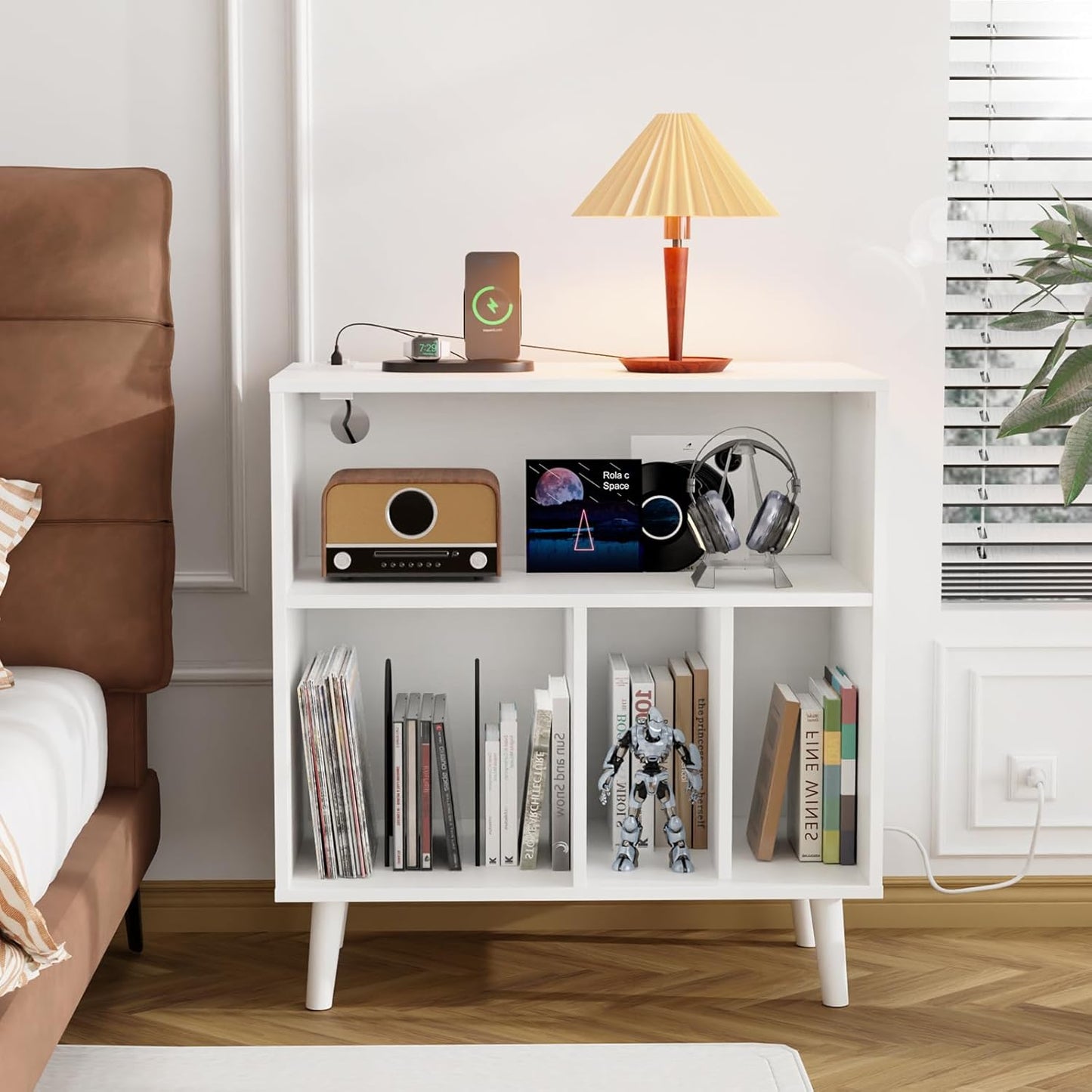 Record Player Stand with Open Vinyl Storage, Mid-Century Album Storage Table with LED Light up to 300 Albums, Vinyl Record Player Shelf with Power Outlet for Living Room, White