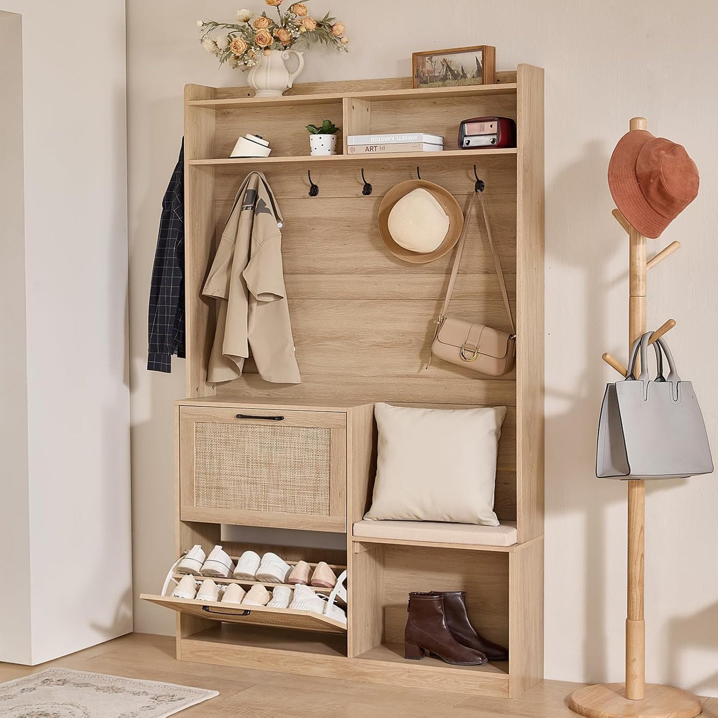 78" Tall Boho Hall Tree with Bench & Shoe Storage, 4-In-1 Mudroom Coat Rack with 2 Flip Rattan Drawers & Cushioned Stool, Entryway Hall Tree Cabinet with 6 Hooks for Garage, Natural Oak