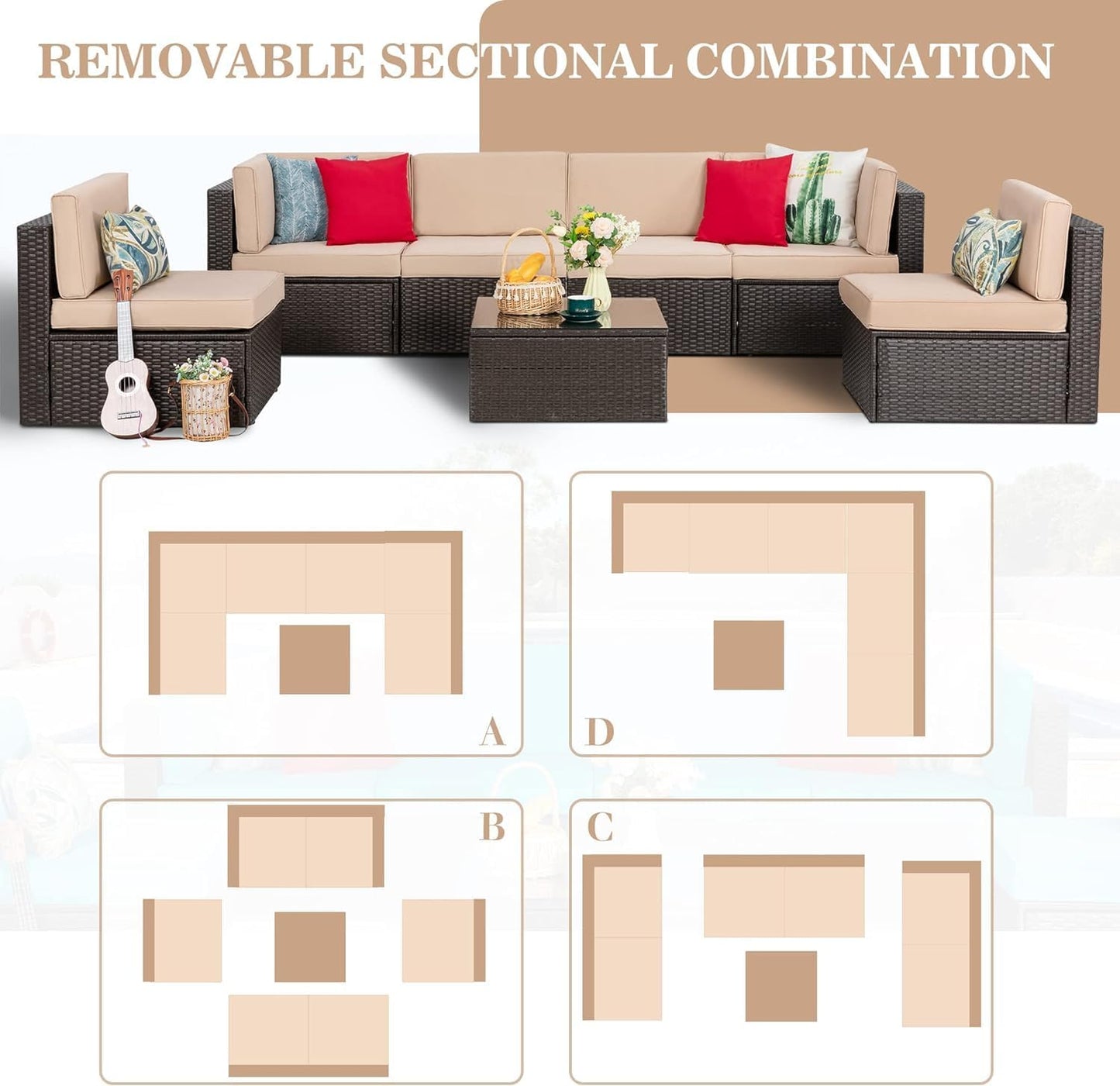 7 Pieces Patio Furniture Sets, Outdoor Modular Sectional Sofa Patio Conversation Set PE Rattan Wicker Sectional Couch with Cushion, Glass Table for Patio, Garden, Poolside, Beige
