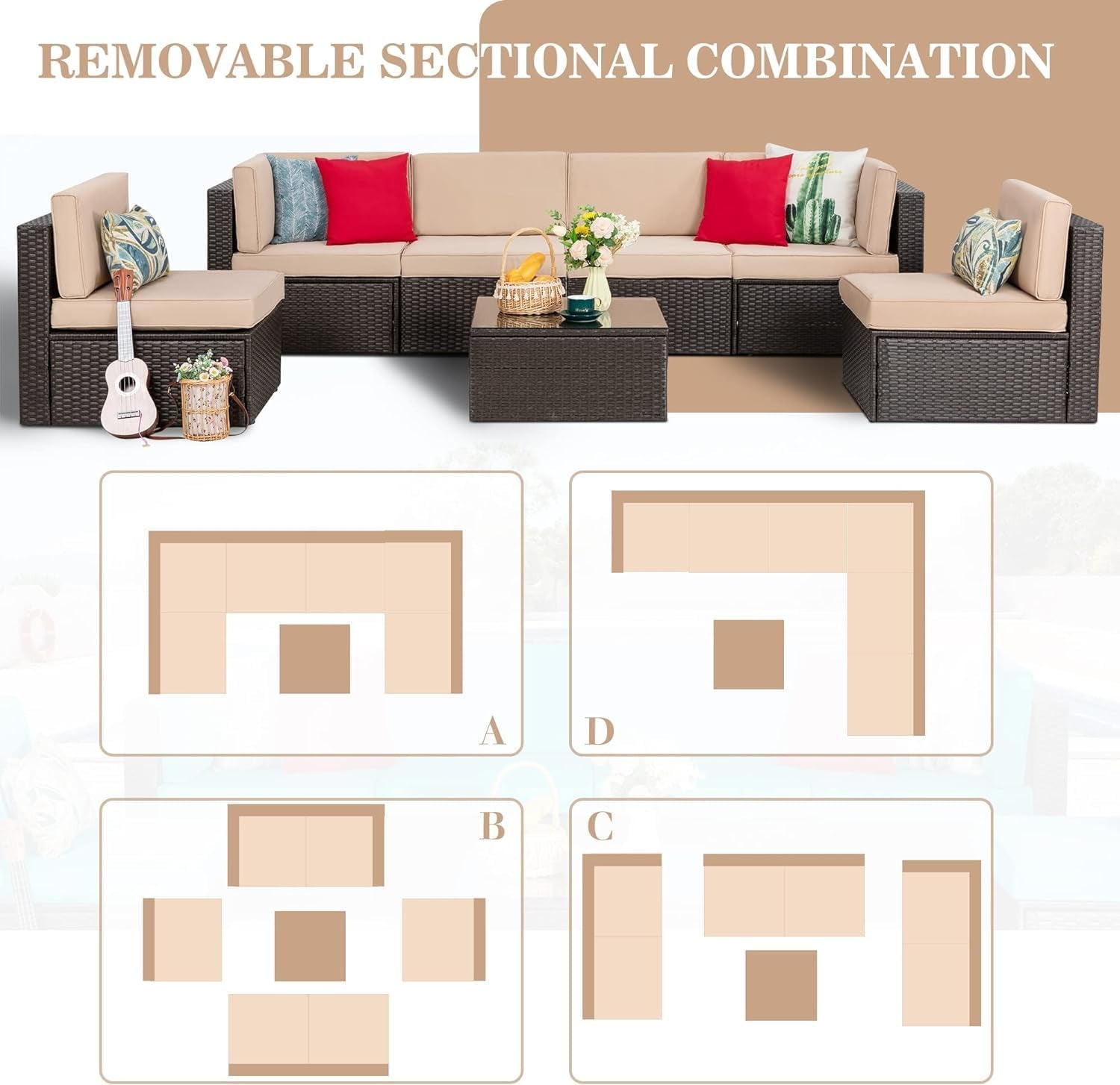 7 Pieces Patio Furniture Sets, Outdoor Modular Sectional Sofa Patio Conversation Set PE Rattan Wicker Sectional Couch with Cushion, Glass Table for Patio, Garden, Poolside, Beige