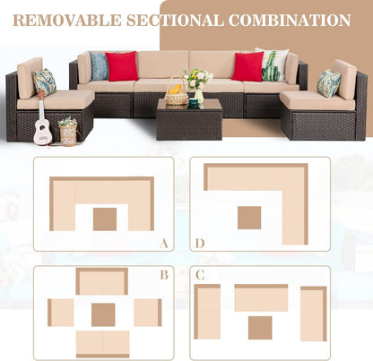 7 Pieces Patio Furniture Sets, Outdoor Modular Sectional Sofa Patio Conversation Set PE Rattan Wicker Sectional Couch with Cushion, Glass Table for Patio, Garden, Poolside, Beige