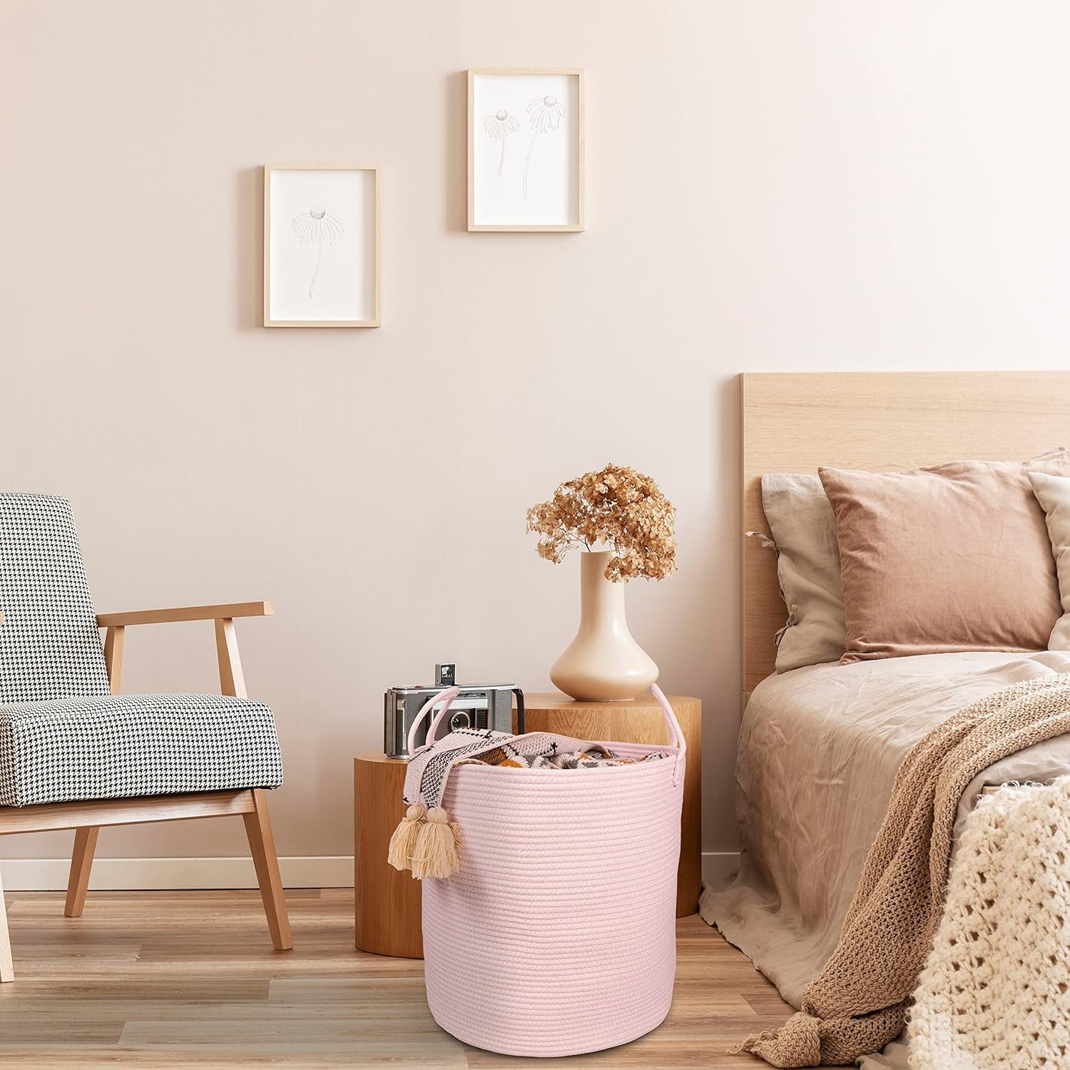Cotton Rope Laundry Basket Hamper for Girls Kids Baby Nursery Hamper Bin Woven Storage Basket for Living Room Girls Room Boho Tall Rope Baskets for Blanket Toys Large Light Pink