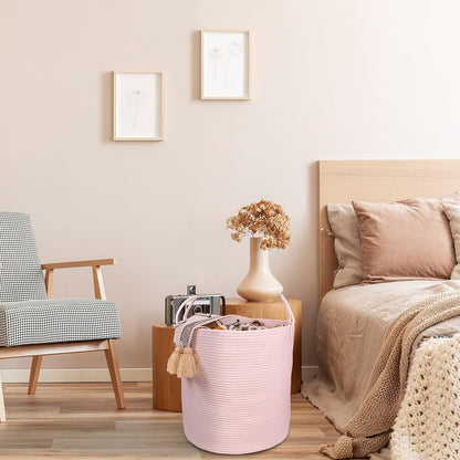 Cotton Rope Laundry Basket Hamper for Girls Kids Baby Nursery Hamper Bin Woven Storage Basket for Living Room Girls Room Boho Tall Rope Baskets for Blanket Toys Large Light Pink