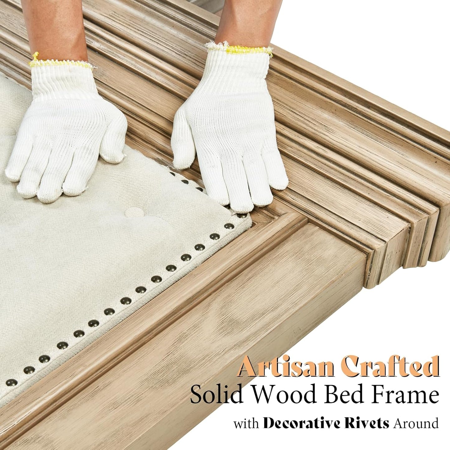 68.1" H King Size Bed Frame with Upholstered Headboard, Solid Wood Farmhouse Platform Bed, Architectural Design, No Box Spring Needed, Light Oak