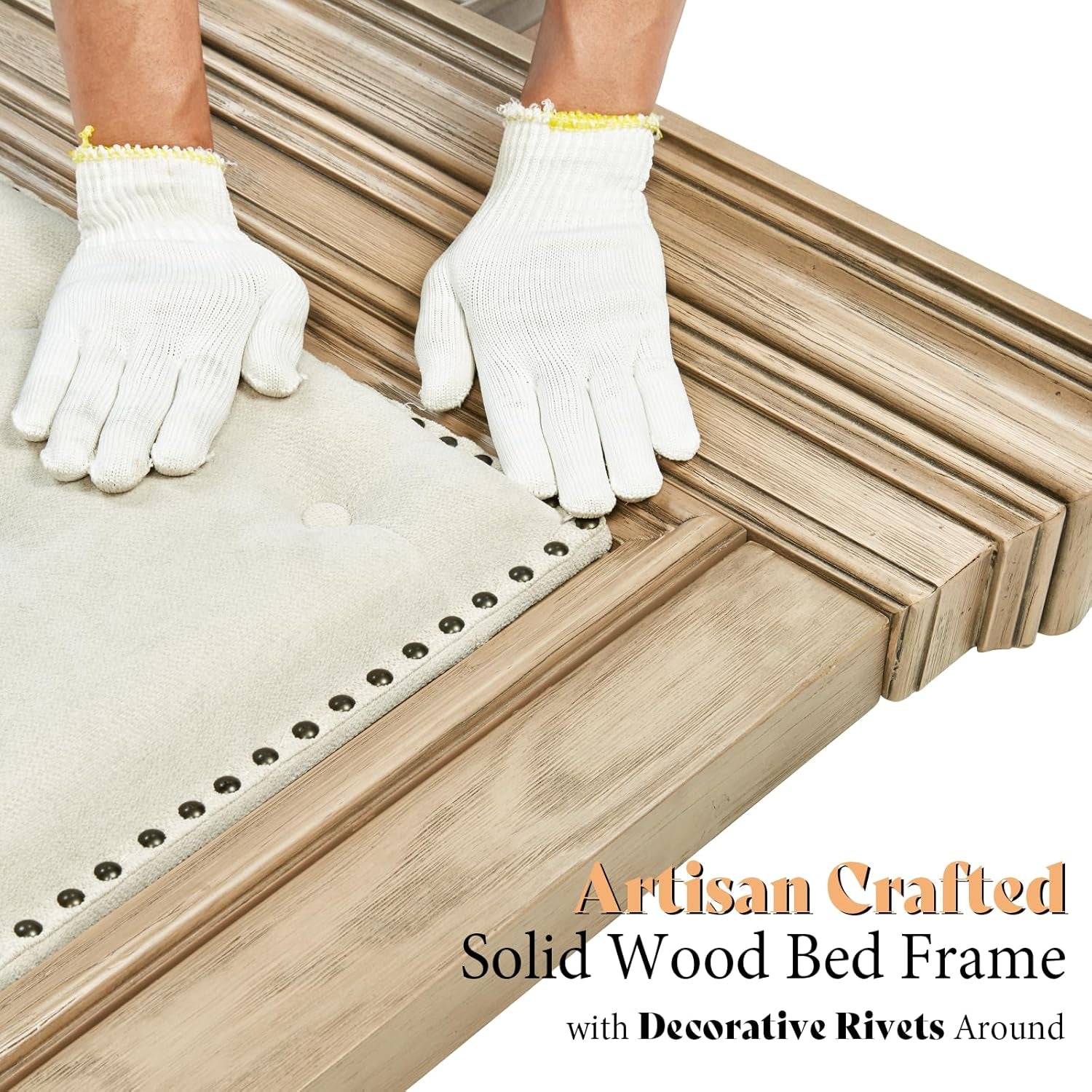 68.1" H King Size Bed Frame with Upholstered Headboard, Solid Wood Farmhouse Platform Bed, Architectural Design, No Box Spring Needed, Light Oak