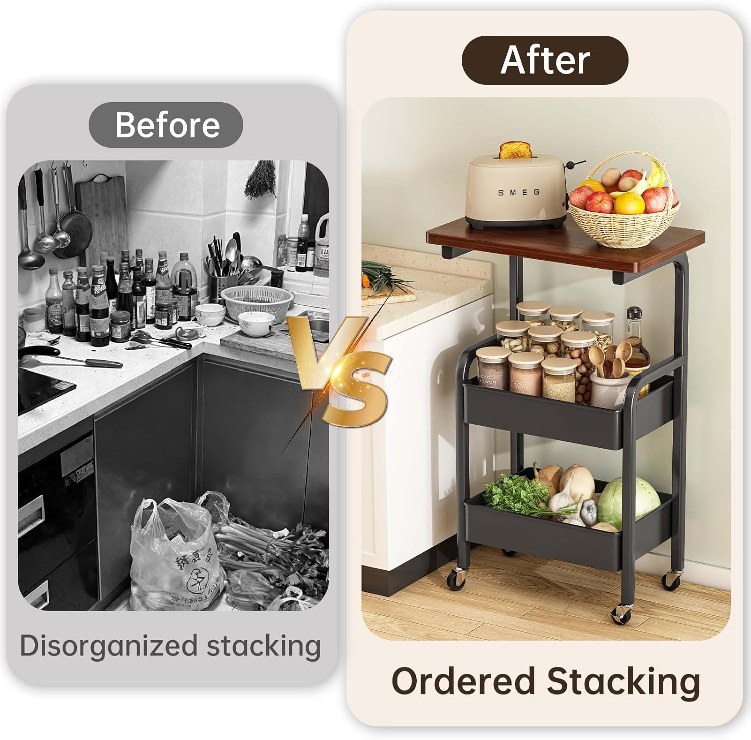 3 Tier Metal Rolling Utility Cart Organizer with Walnut Table Top, Stable and Sturdy Rolling Storage Carts with 2 Lockable Wheels for Kitchen，Bathroom，Snacks，Coffee，Craft，Makeup，Baby Essentials