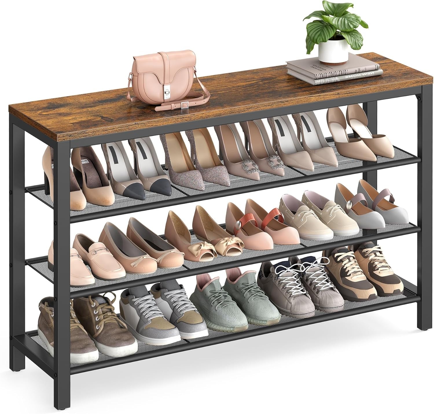 4 Tier Shoe Rack, Shoe Organizer for Closet, Entryway, 16-20 Pairs of Shoes, Large Shoe Rack Organizer with 3 Metal Mesh Shelves, 11.8 X 39.4 X 28.3 Inches, Rustic Brown and Black ULBS14BX