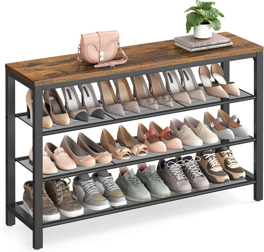 4 Tier Shoe Rack, Shoe Organizer for Closet, Entryway, 16-20 Pairs of Shoes, Large Shoe Rack Organizer with 3 Metal Mesh Shelves, 11.8 X 39.4 X 28.3 Inches, Rustic Brown and Black ULBS14BX