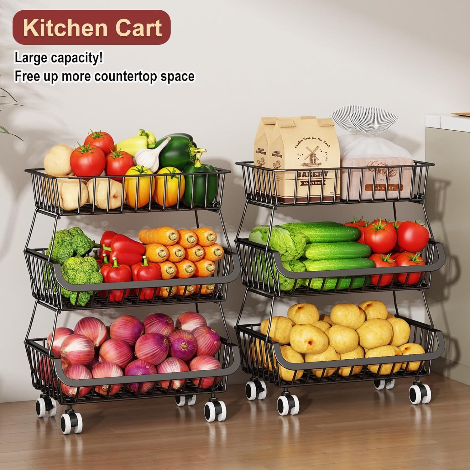 3-Tier Rolling Pantry Cart with Wheels, Stackable Wire Storage Floor Organizer for Kitchen Pantry Snack Shelves, Fruit Basket Stand, Vegetable Storage Rack for Food Snacks Onion Potato, Black, 2 Pack