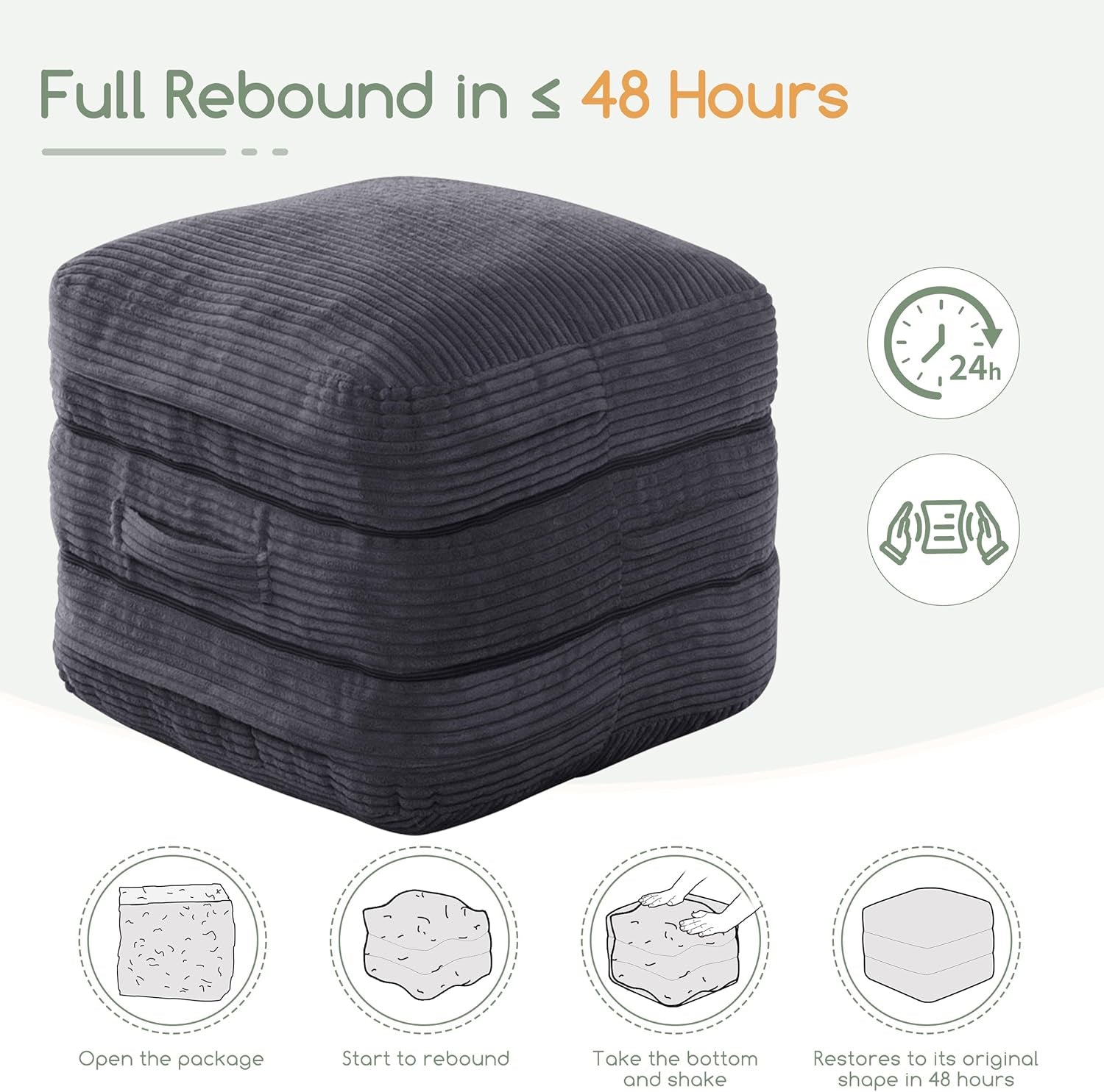 Pouf Ottoman Stuffed Square Modern Foam Filled Foot Rest Poufs 20 X 18 Inches Modular Ottomans Separated into Floor Cushions for Living Room Chair Decorative Stool, Dark Grey