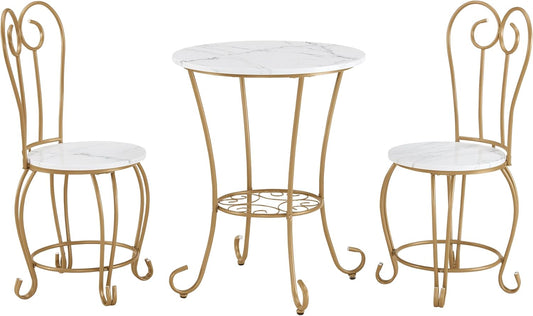 2-Piece Bistro Dining Set for Indoor Use, Marble-Look Tabletop with Gold Metal Frame, Vintage French Café Style round Table and Chairs for Kitchen, Breakfast Nook, Small Apartment (Brown)