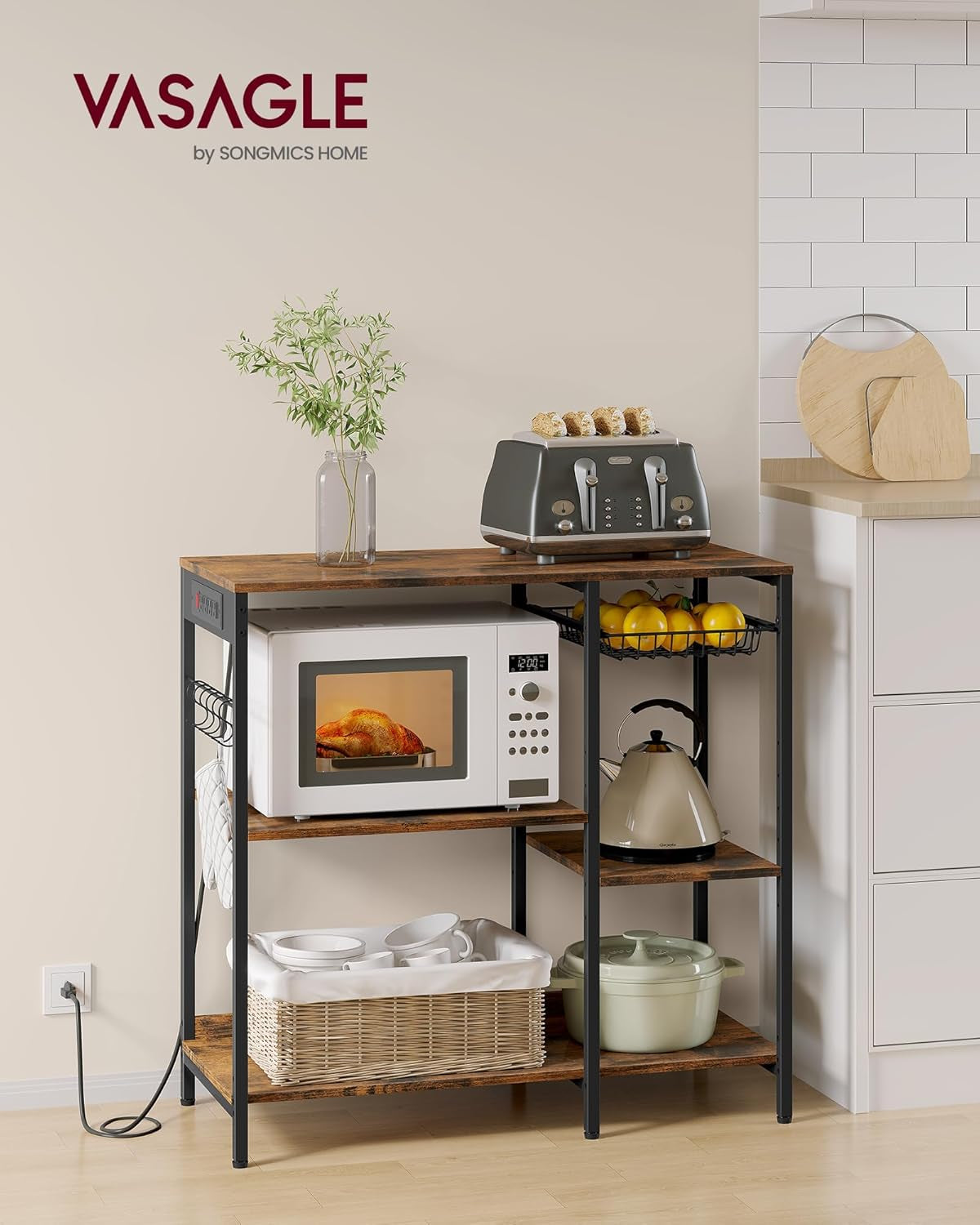 Baker'S Rack, Coffee Bar Stand with Charging Station, Storage Shelves, Pull-Out Wire Basket, Table for Microwave, Kitchen, Rustic Brown UKKS036K01, 15.7 X 35.4 X 35.6 Inches