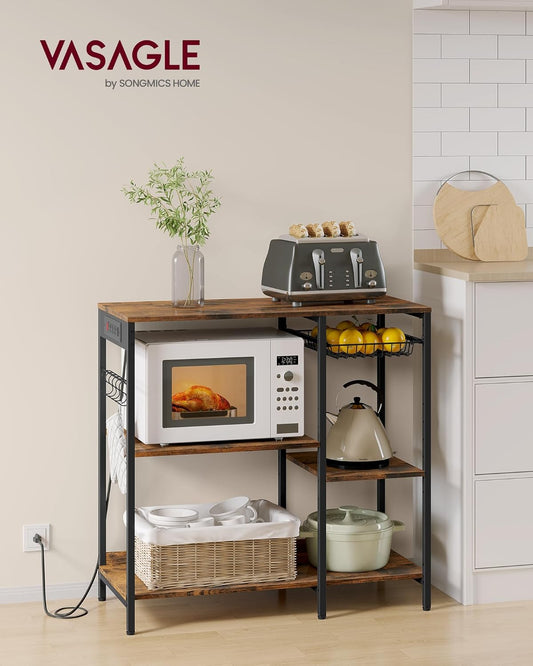 Baker'S Rack, Coffee Bar Stand with Charging Station, 35.6 Inches Tall, Storage Shelves, Pull-Out Wire Basket, Table for Microwave, Kitchen, Rustic Brown and Ink Black UKKS036K01