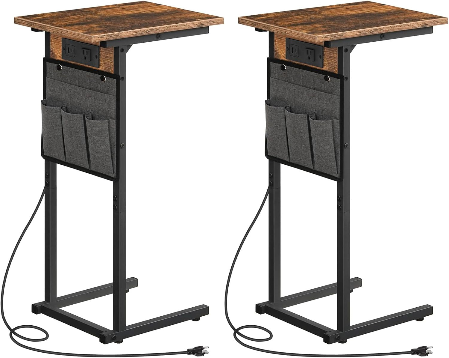 C Shaped Side Table with Charging Station, Set of 2, Slide under Couch Tables, 27.8" Tall Side Table for Sofa Arm with Fabric Storage Pocket, for Living Room, Bedroom, Rustic Brown BF73USFP201