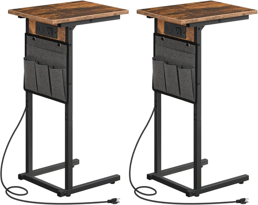 C Shaped Side Table with Charging Station, Set of 2, Slide under Couch Tables, 27.8" Tall Side Table for Sofa Arm with Fabric Storage Pocket, for Living Room, Bedroom, Rustic Brown BF73USFP201
