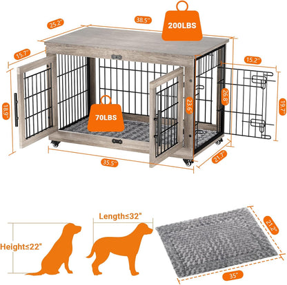 Dog Crate Furniture with Cushion, Large Wooden Dog Kennel Indoor with Double Doors, Dog Cage with Wheels, Dog House Side End Table for Large Medium Dogs up to 70 Lb, 38.5” L, Grey
