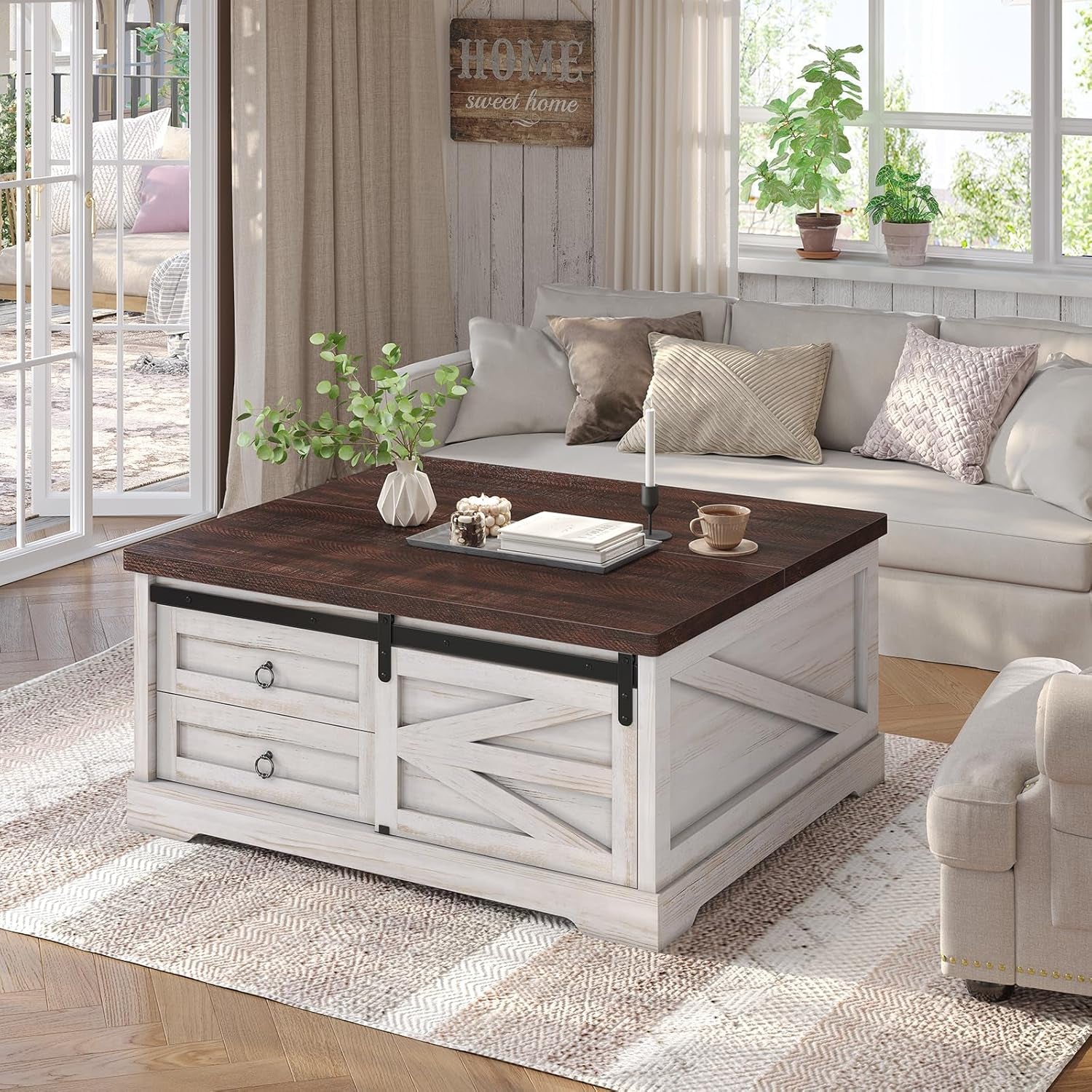 39.4'' Lift Top Coffee Table with Storage, Farmhouse Coffee Tables for Living Room, Square Coffee Table with Large Hidden Compartment & 2 Drawers & Adjustable Shelves, White