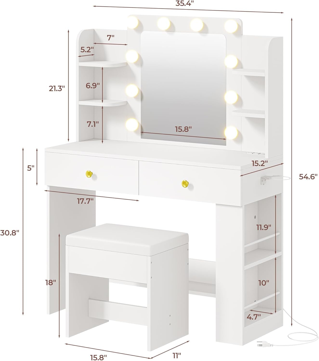Vanity Desk with Mirror, Compact Makeup Vanity Table with 2 Large Drawers, Shelves, Power Outlet and Side Drawers, 3 Color Modes Adjustable Bulb, Bench Included, White