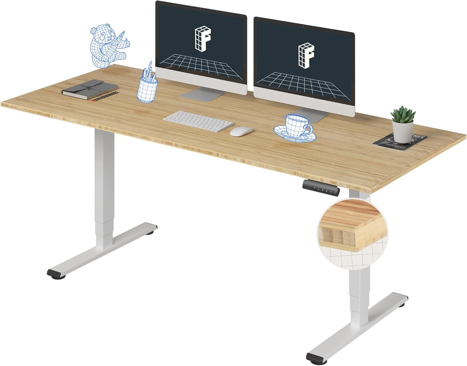 E6 Bamboo 3-Stage Dual Motor 72 X 30 Electric Standing Desk Sit Stand up Desk, Holds 220 Lbs, Adjustable Height W/ Memory Presets, Solid Bamboo Desktop & White Frame, Ships in 2 Boxes