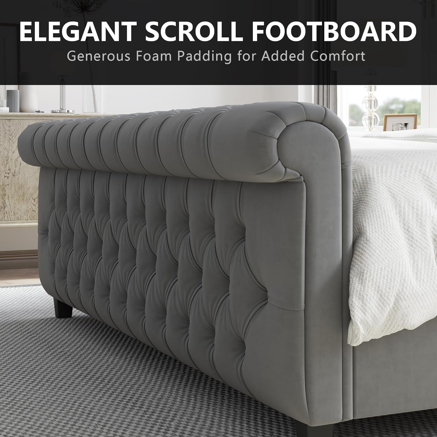 King Size Platform Bed Frame, Velvet Upholstered Sleigh Bed with Scroll Wingback Headboard & Footboard/Button Tufted/No Box Spring Required/Grey