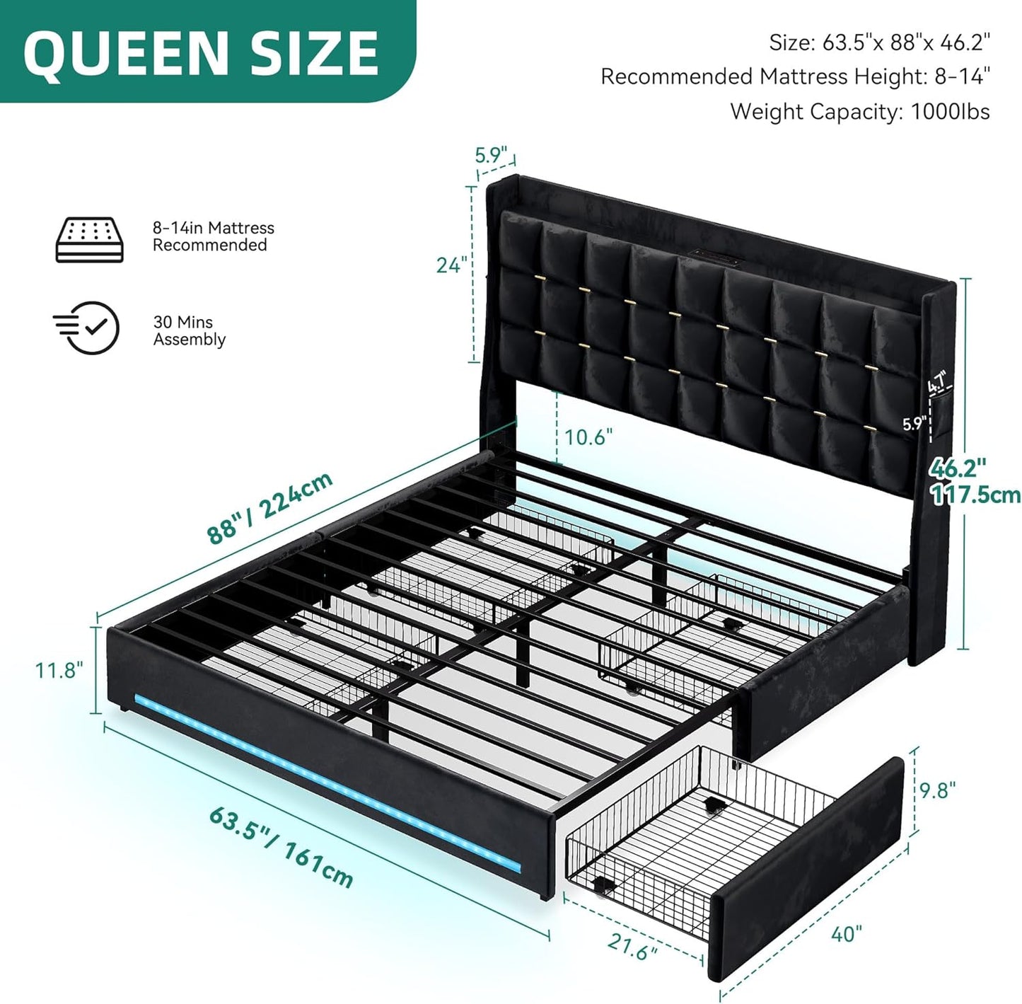 Queen Size Bed Frame with 4 Drawers and RGB LED Lights, Velvet Upholstered Platform Bed with Charging Station and Storage Headboard, No Box Spring Needed, Easy Assembly, Noise-Free, Black