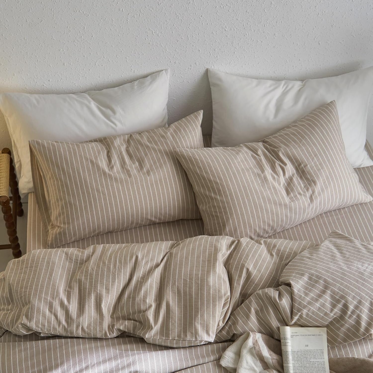 Bedding Pillowcases Striped Pack of 2 100% Washed Cotton Linen like Textured Breathable Durable Soft Comfy (Tannish Linen Grey White Wide Stripes, King)