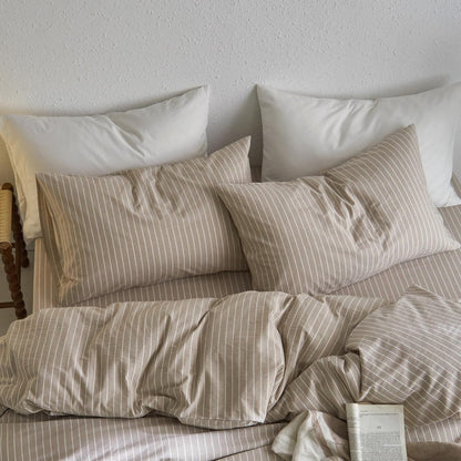 Bedding Pillowcases Striped Pack of 2 100% Washed Cotton Linen like Textured Breathable Durable Soft Comfy (Tannish Linen Grey White Wide Stripes, King)