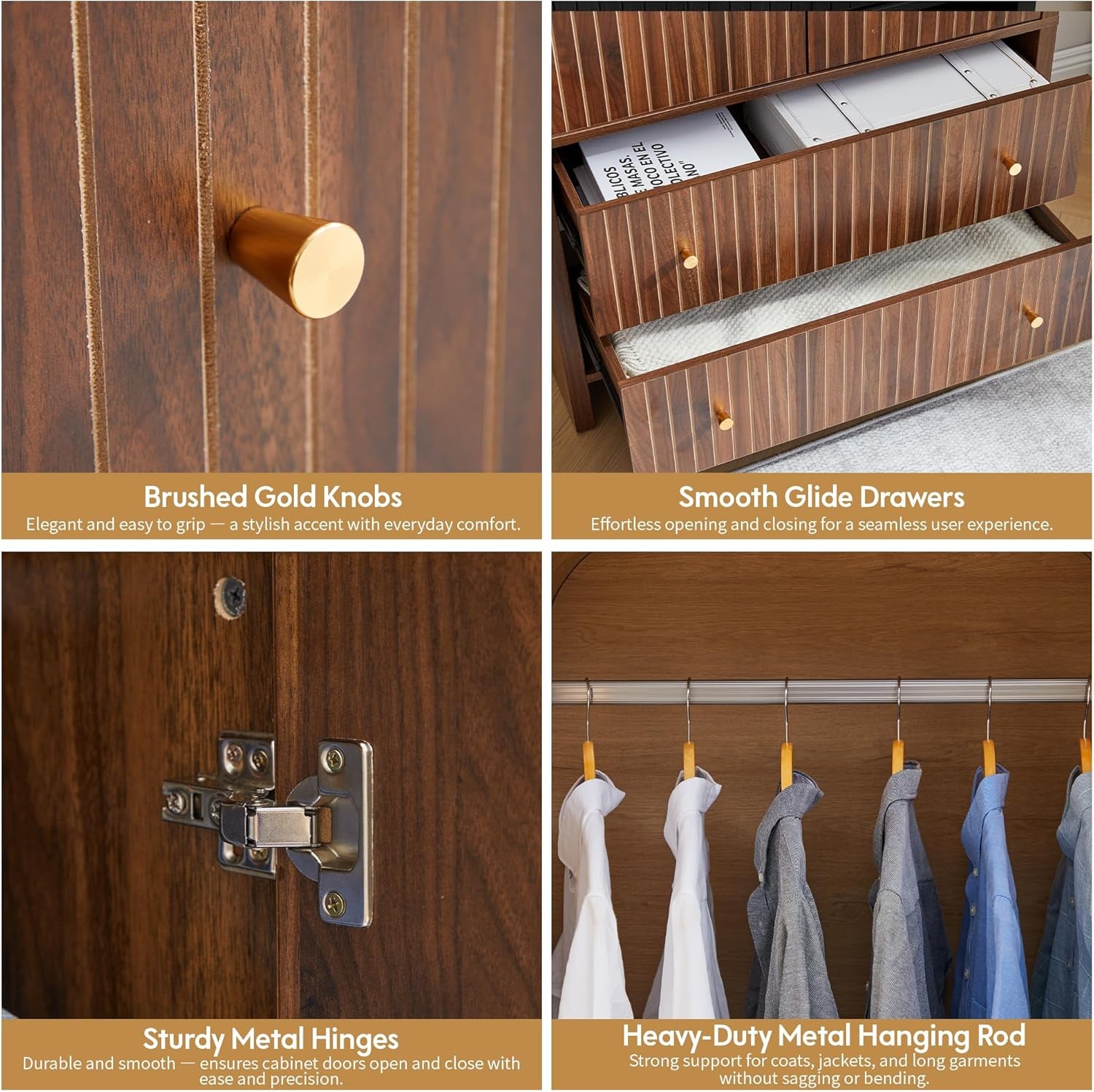 Arched Armoire Wardrobe Closet, Mid-Century Modern 2-Door Freestanding Wardrobe with Hanging Rod and 2 Drawers, Fluted Carved Clothing Storage Cabinet for Bedroom (Walnut)