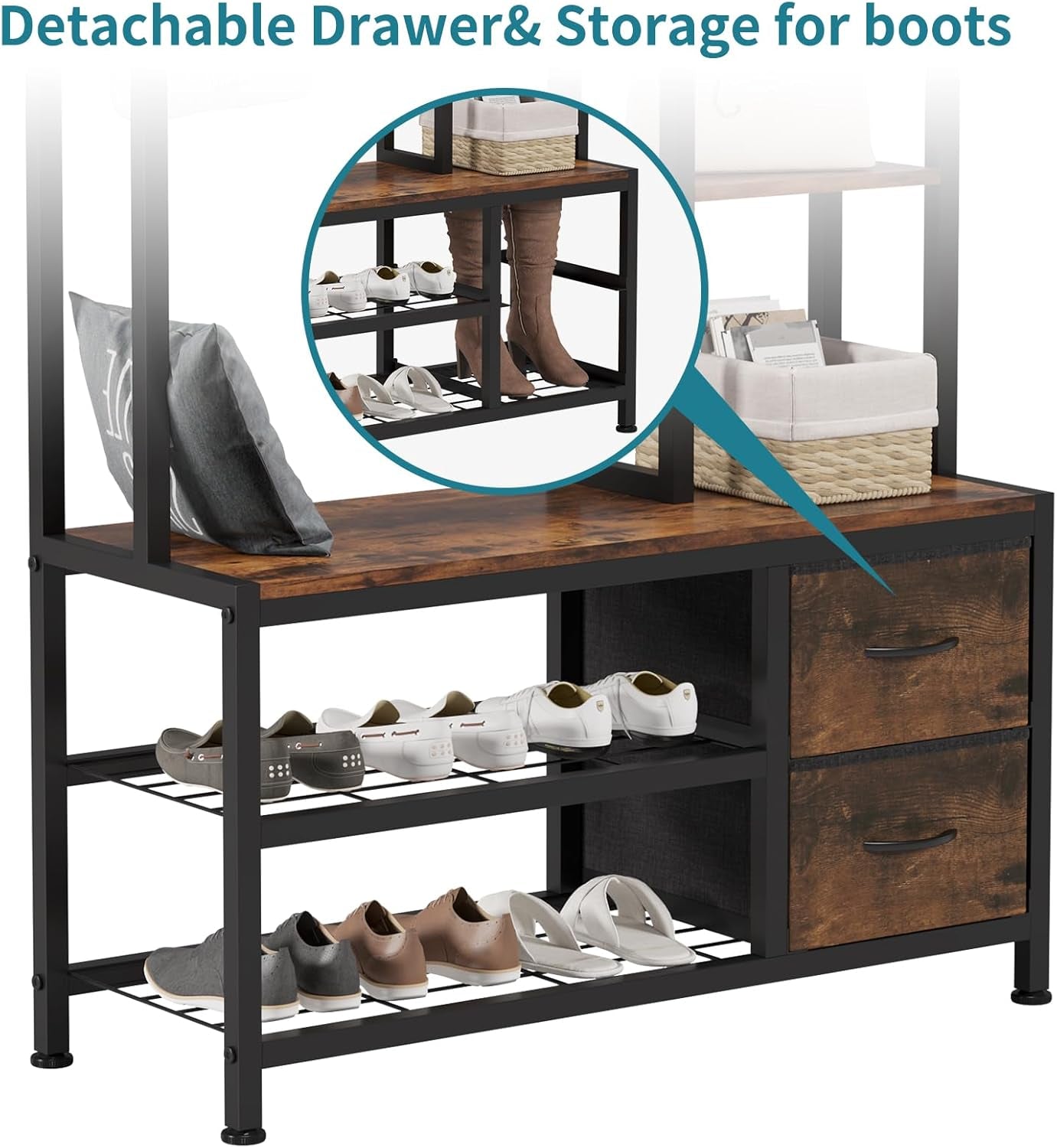 Hall Tree with Bench Storage and Shoes Storage, Hall Tree with Drawers and Shelves for Bedroom, 6-In-1 Entryway Organizer with Shelves, Living Room, Entryway, Closets (Rustic Brown)