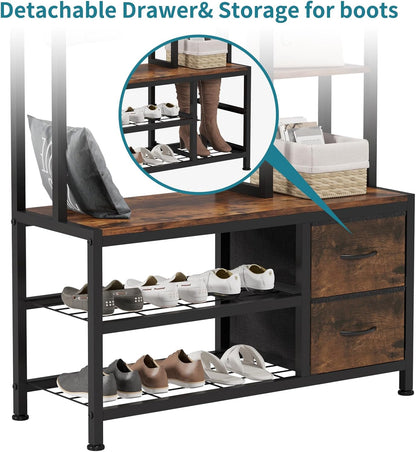 Hall Tree with Bench Storage and Shoes Storage, Hall Tree with Drawers and Shelves for Bedroom, 6-In-1 Entryway Organizer with Shelves, Living Room, Entryway, Closets (Rustic Brown)