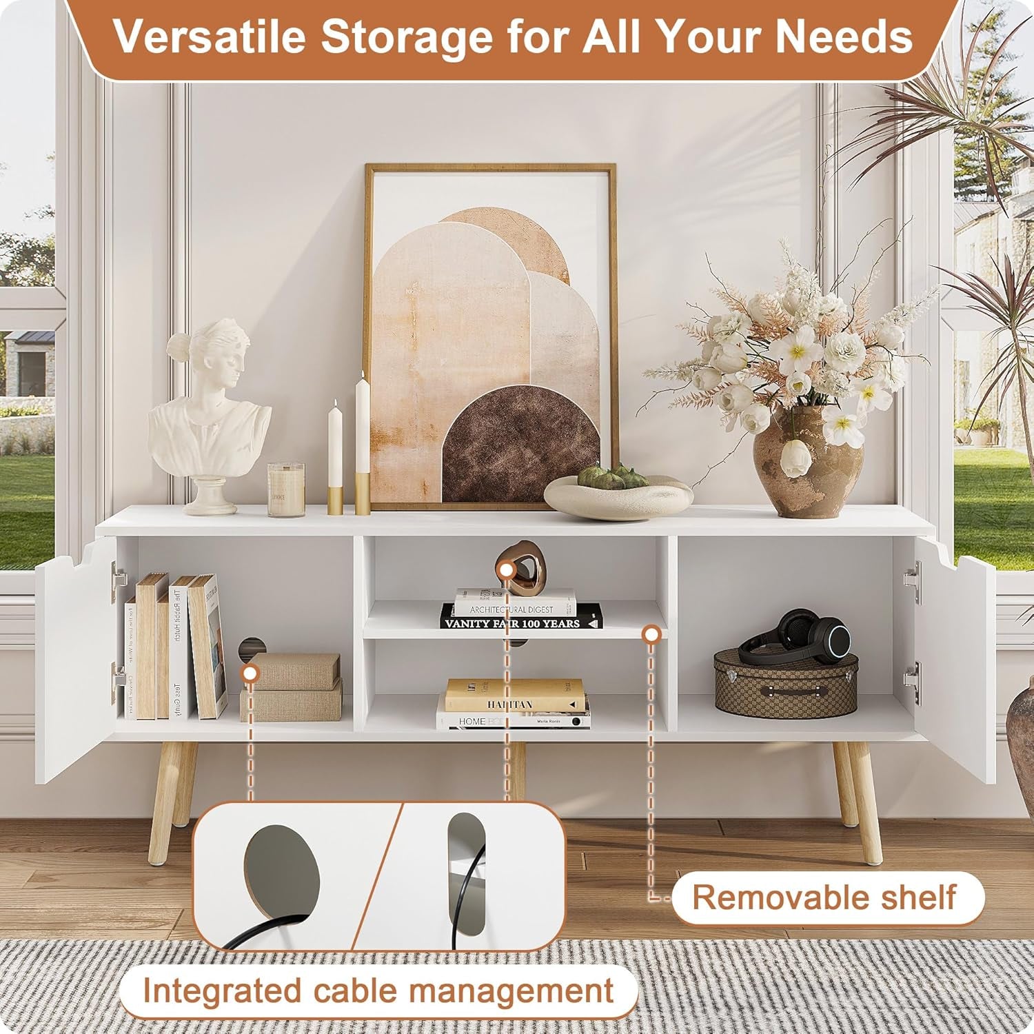 White TV Stand for 50 55 60 Inch Tvs - Media Console with 2 Cabinets & Open Shelves, Solid Wood Legs - TV Consoles for Living Room - 22" H Entertainment Center for Bedroom