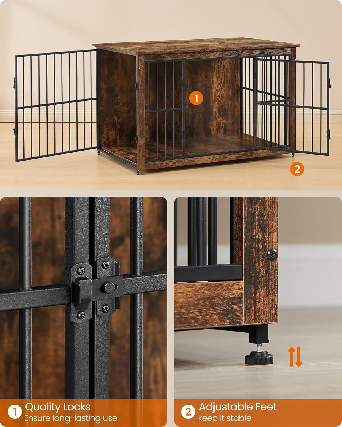 Wooden Dog Crate Furniture, 48 Inches Heavy-Duty Kennel for Dogs up to 110 Lb, with Double Doors and Enclosed Wood Base, Modern Pet Cage End Table Indoor, Rustic Brown