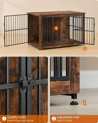 Wooden Dog Crate Furniture, 48 Inches Heavy-Duty Kennel for Dogs up to 110 Lb, with Double Doors and Enclosed Wood Base, Modern Pet Cage End Table Indoor, Rustic Brown