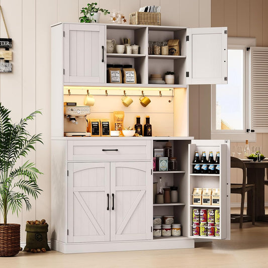 71" Pantry Cabinet, Kitchen Pantry Storage Cabinet with LED Light & Outlet, Kitchen Hutch with Microwave Shelf & 6 Hooks, Door Shelves & Drawer & Adjustable Shelves, for Dining Room