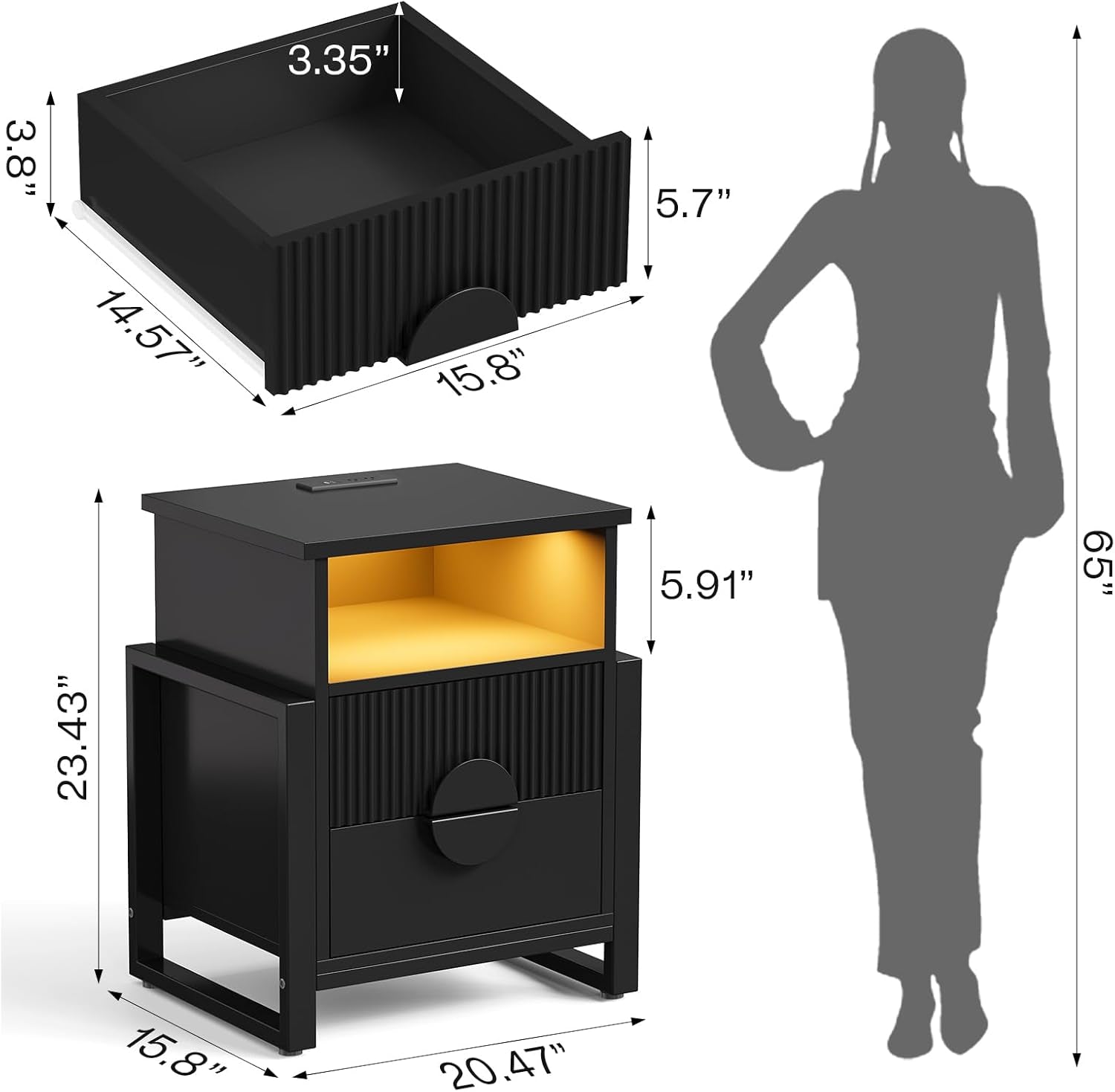 Set of 2 Fluted Nightstand with Charger Station Strip Lights, 20.47" W Night Stand with 2 Drawers, Large Accent Bed Side Table and End Table, Large Open Cubby, Raising H Legs,Black