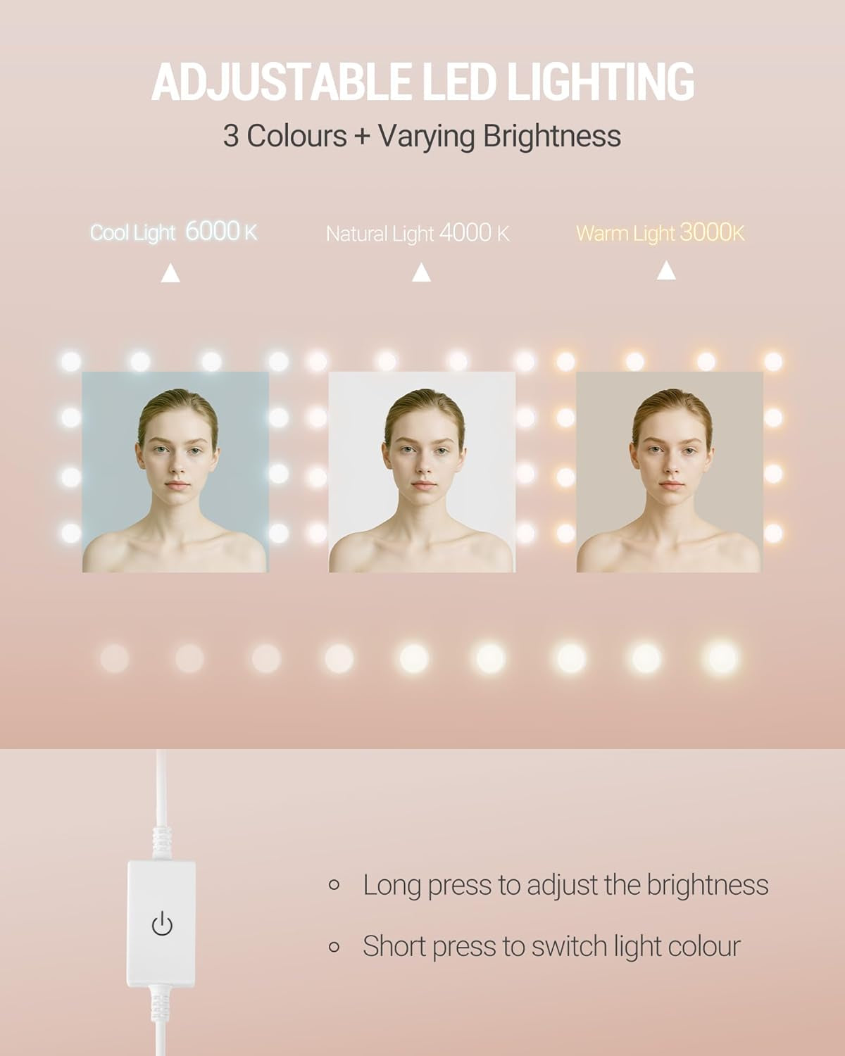 Vanity Desk with Large HD Mirror, Makeup Vanity with Led Lights, Dressing Table with Power Strip, 6 Storage Shelves, 5 Drawers and Side Open Storage, Simple, White WX426HDT