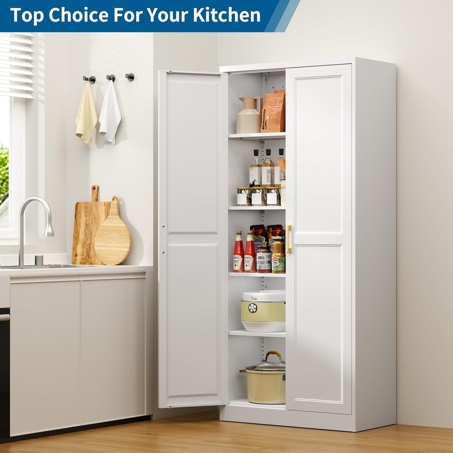 71" Kitchen Pantry Storage Cabinet,White Tall Storage Cabinet with Doors and 4 Shelves,Metal Food Pantry Cabinets for Kitchen Storage,Freestanding Cupboard for Dining Living Room,Assemble Required