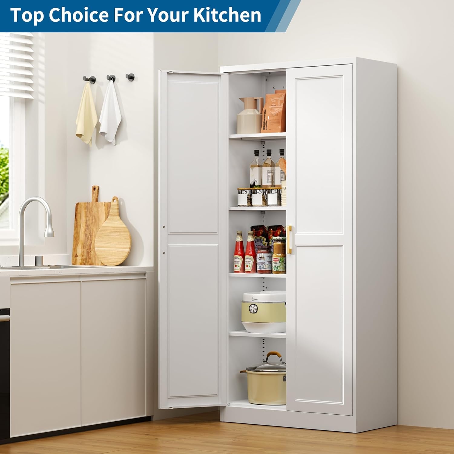 71" Kitchen Pantry Storage Cabinet,White Tall Storage Cabinet with Doors and 4 Shelves,Metal Food Pantry Cabinets for Kitchen Storage,Freestanding Cupboard for Dining Living Room,Assemble Required