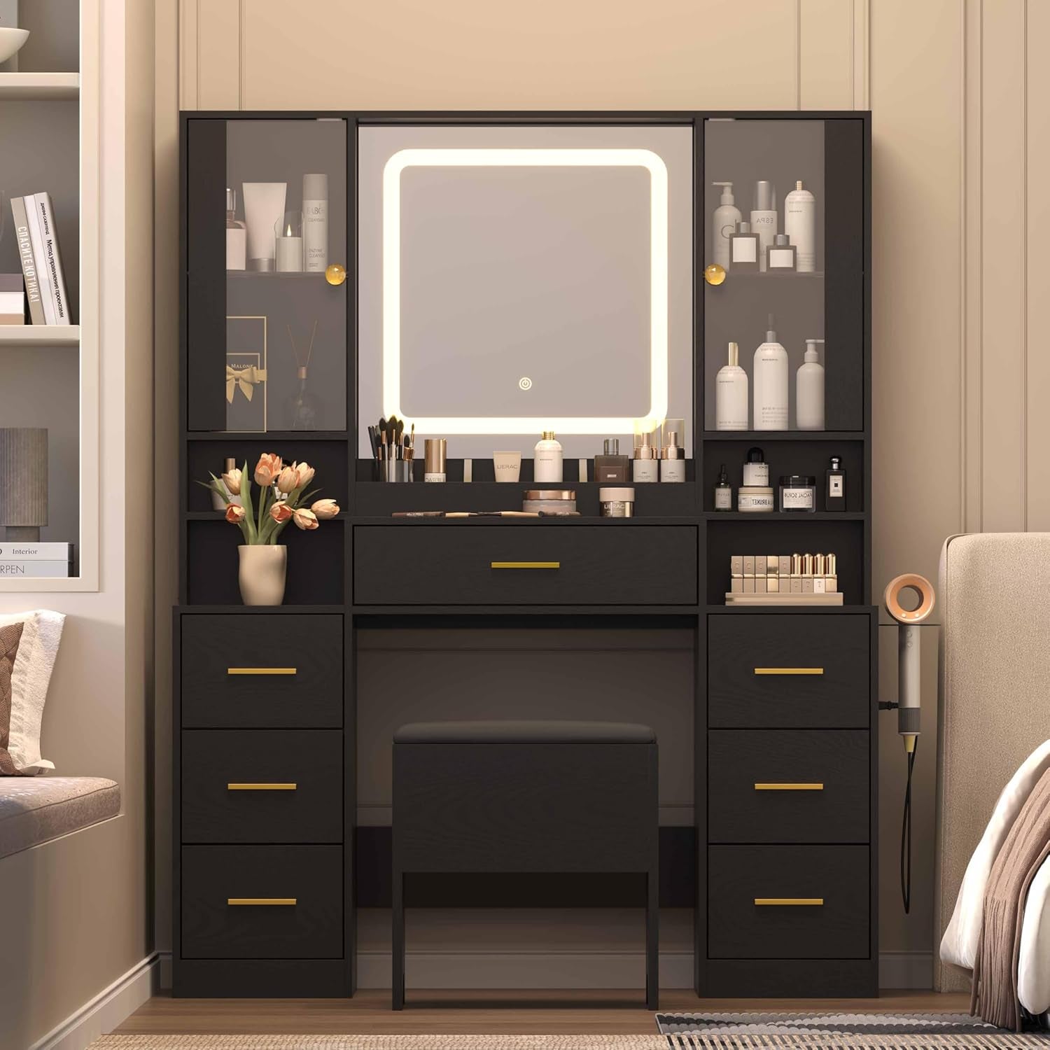 Black Makeup Vanity Desk with Mirror & Lights, Modern Vanity Table with Charging Station, 7 Drawers, Glass Cabinet, Shelves & Cushioned Stool, Bedroom Dressing Table Set for Women & Girls