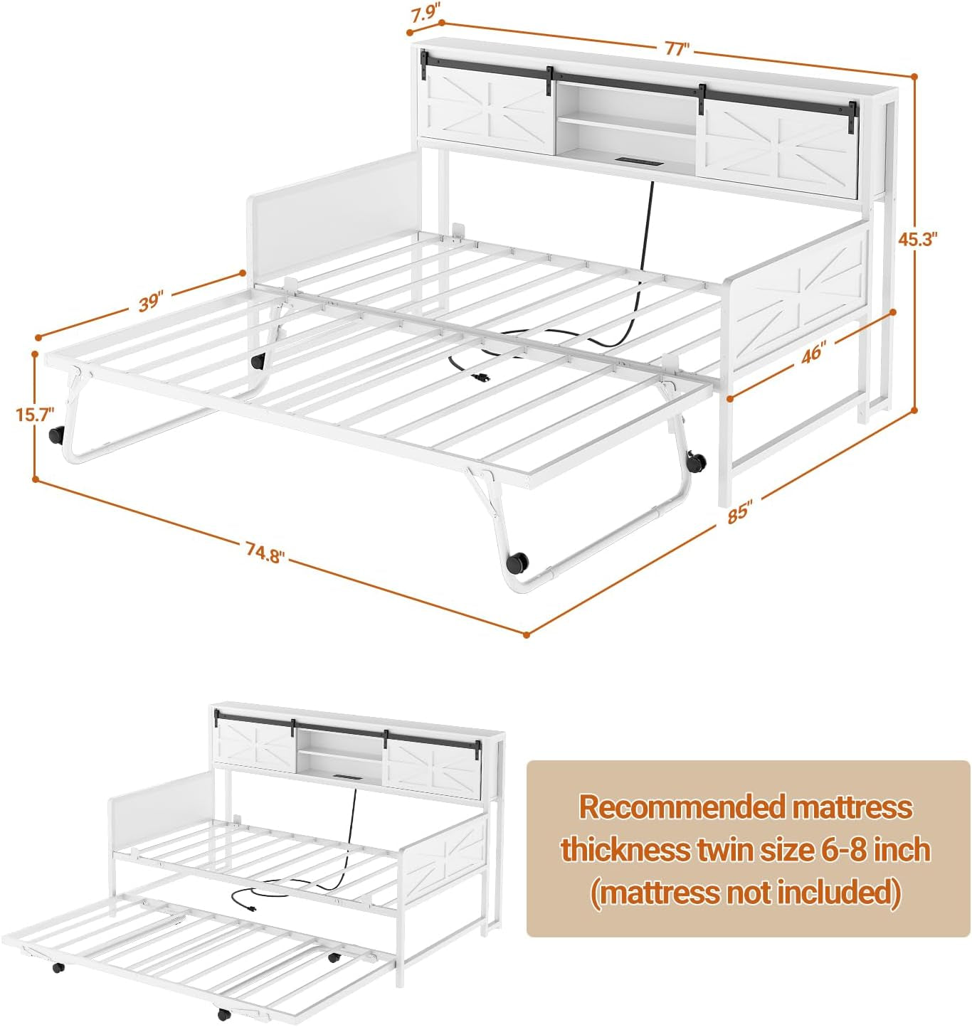 Daybed with Trundle, Farmhouse Twin Day Bed with Bookcase Headboard and Charging Station, Heavy Duty Metal Sofa Bed Frame with Pop-Up Trundle Bed for Living Room, Bedroom, White