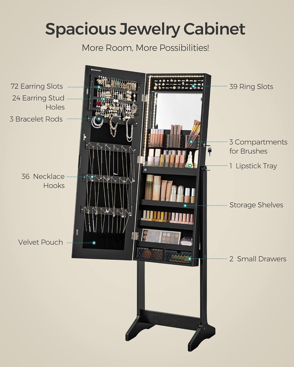 Mirror Jewelry Cabinet Standing Armoire Organizer, Jewelry Storage with Full-Length Frameless LED Lights, Built-In Makeup Mirror, 2 Drawers, Lockable, Black UJJC023B01
